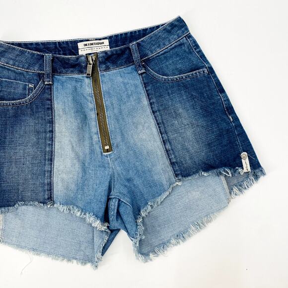 One X One teaspoon 26  blue Two Tone Zip Up High Waisted Raw Shorts - Picture 1 of 4
